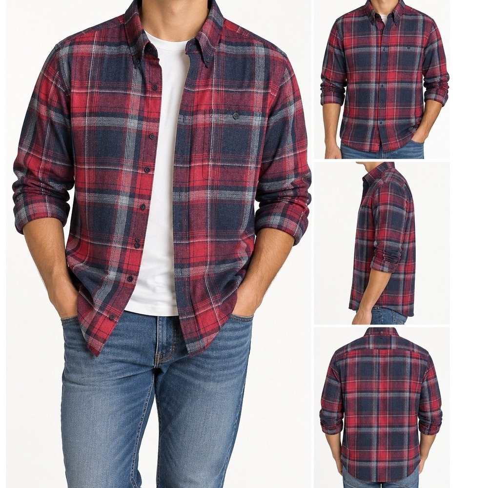 Weatherproof Mens Plaid Flannel Shirt Cotton Blend Casual Outdoor Red Navy Med